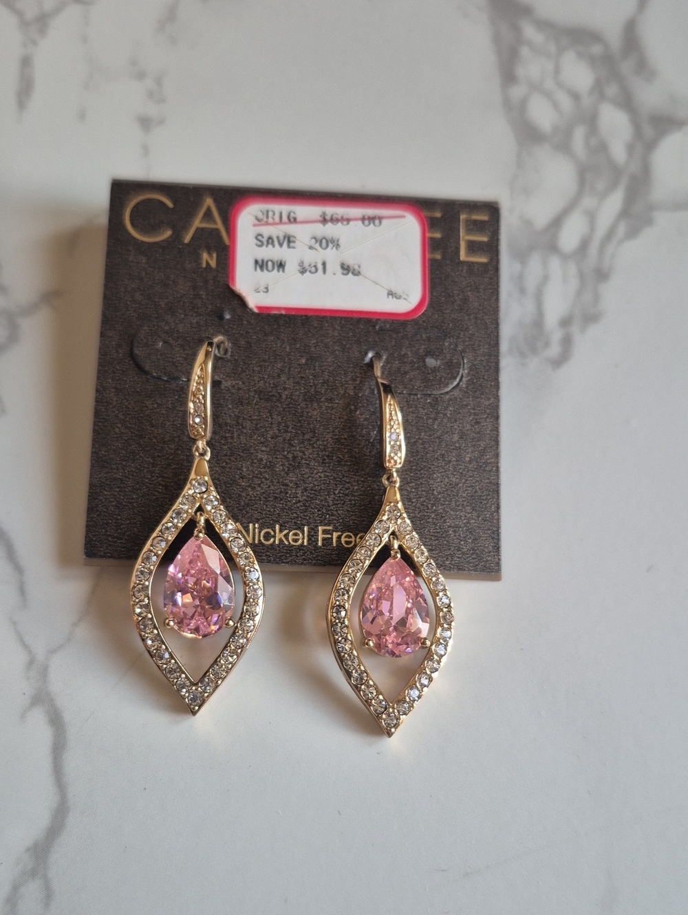 Beautiful Vintage Carolee Pink Crystal Teardrop Dangle Earrings